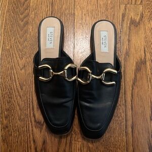 Steven Black Leather Mules with Gold Detail